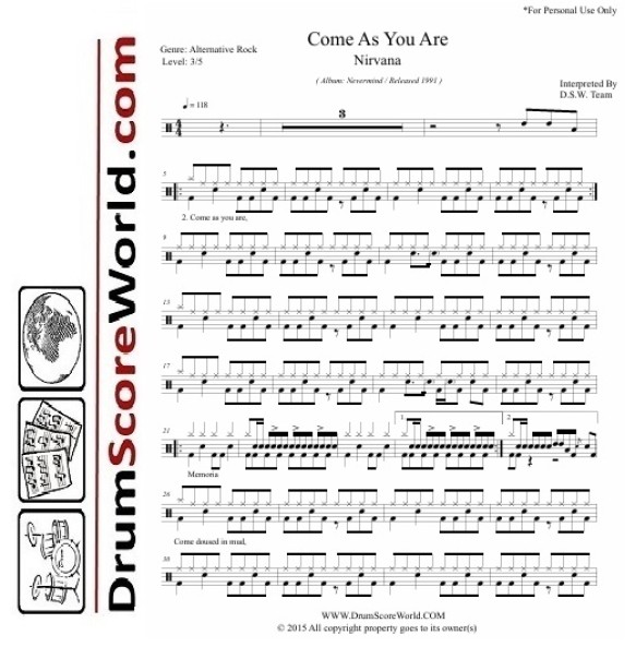 Nirvana - Come As You Are - Drum Sheet